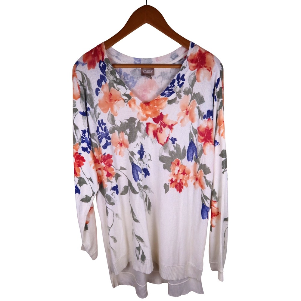 Chico's Sweater Women Size 3 XL Floral V Neck Lightweight Tunic Watercolor
